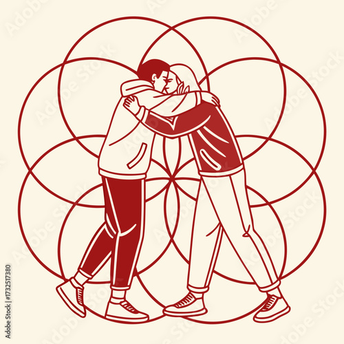 Two people in red and white clothing embracing warmly against a background of interconnected red circles symbolizing unity and connection
