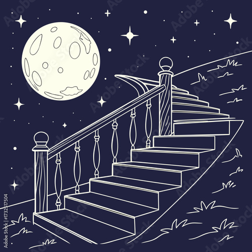 Whimsical spiral staircase ascends towards a large full moon and twinkling stars on a clear night sky evoking dreams and mystery