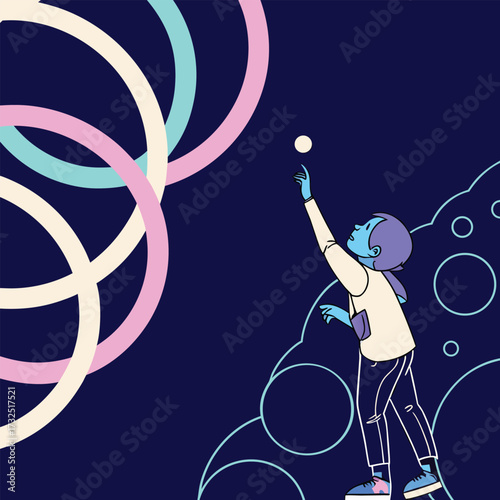Young dreamer reaching for aspirations amidst colorful abstract circles and floating orbs, symbolizing hope and ambition