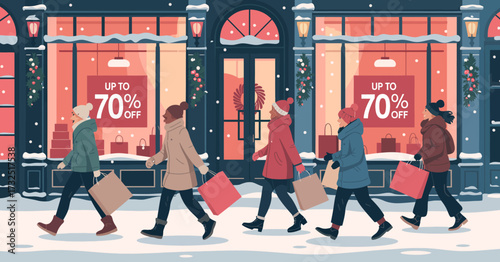 Shoppers stroll down a busy street with vibrant storefronts showcasing discounts, immersed in the festive spirit of holiday shopping in a snowy setting.