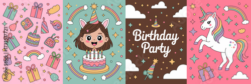 This fun birthday-themed image showcases a smiling child with a cake, rainbows, gifts, and playful elements, perfectly capturing the essence of a joyful birthday celebration.