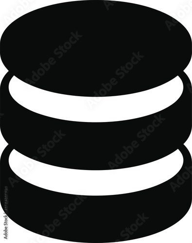 Database icon, stacked disk symbol, data storage graphic, black and white vector, IT interface element, server illustration, information system, digital archive design
