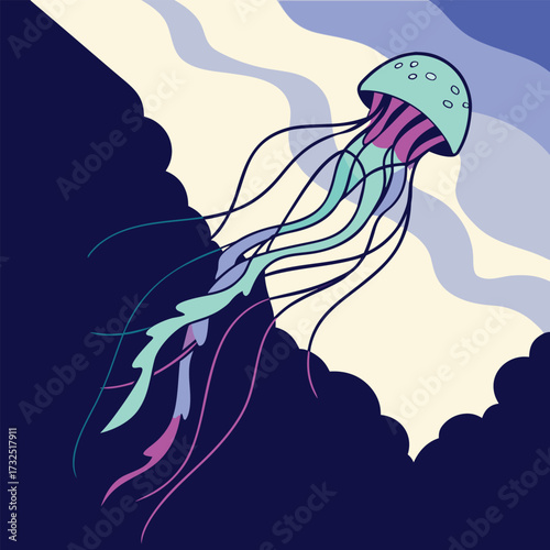 Vibrant jellyfish gracefully drifts through stylized ocean currents with flowing tentacles, evoking a sense of wonder and serene aquatic beauty.