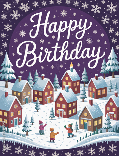 This delightful winter village scene captures a heartwarming birthday celebration, with residents enjoying festive activities amidst snow-covered houses and evergreens, radiating joy.