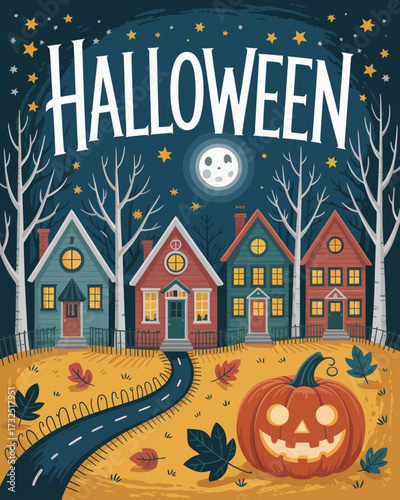 This vibrant Halloween scene features a moonlit night with charming houses and a carved pumpkin, evoking a sense of festivity and nostalgia during this exciting holiday.