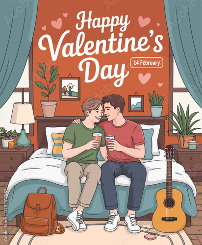 A young couple sits together on a cozy bed, sharing coffee and intimate moments on Valentine's Day with a warm atmosphere and charming decor.