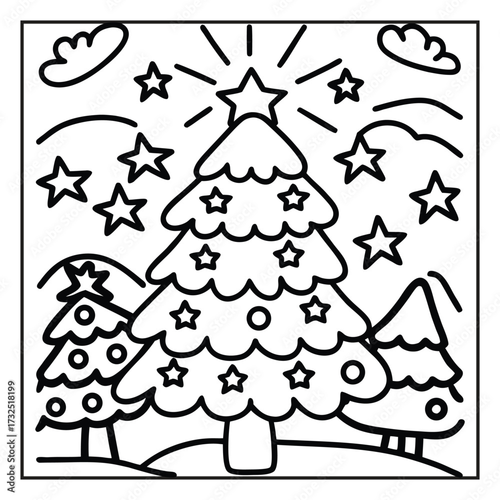 Obraz premium Christmas tree and snowman with gifts and snowflakes cartoon coloring illustration for children with animals and toys in a funny fairytale Xmas forest sketch, Coloring page