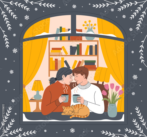 A contemporary illustration depicting a couple enjoying warmth and comfort with coffee in a cozy indoor space, featuring a cat, flowers, and a charming setting.