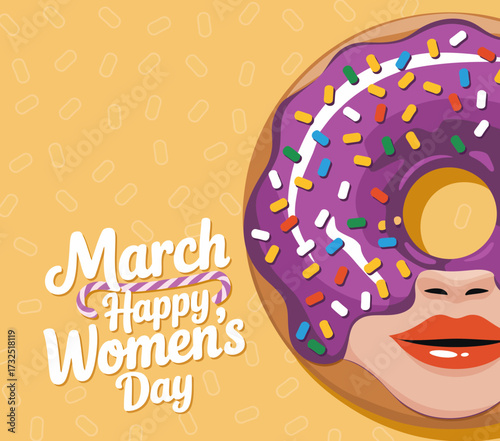 A vibrant donut adorned with sprinkles, symbolizing happiness and celebration, paired with a playful design representing Women's Day in March with a cheerful aesthetic.