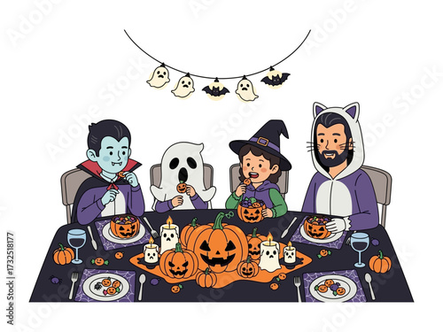 Happy Halloween Gathering: A family dressed in festive costumes enjoying a lively Halloween dinner at a elaborately decorated table. A vibrant and cheerful illustration