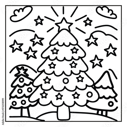 Christmas tree and snowman with gifts and snowflakes cartoon coloring illustration for children with animals and toys in a funny fairytale Xmas forest sketch, Coloring page