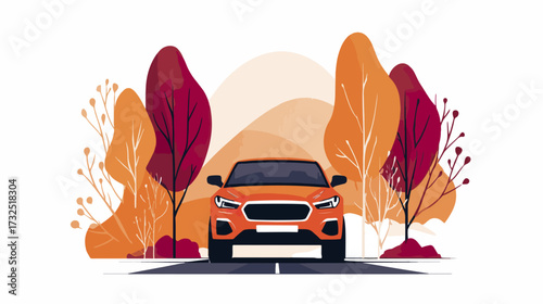 Orange car autumn landscape