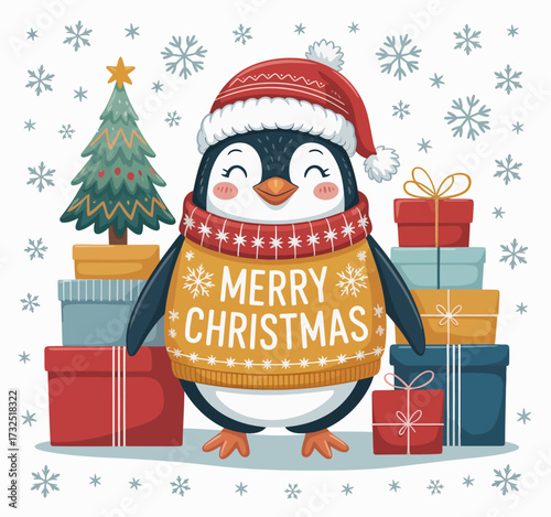 This charming image features a cute penguin dressed in festive attire standing next to piles of colorful Christmas gifts and a decorated tree in a snowy backdrop.