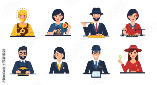 A collection of diverse professional avatars, including a farmer, jeweler, businessman, and others, depicted in a flat vector style.