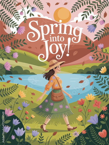 A serene scene of a woman strolling through vibrant flowers and a peaceful landscape, representing joy and the rejuvenating spirit of spring embraced by nature.