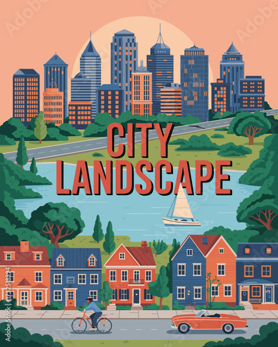 A vibrant city landscape featuring modern skyscrapers, lush greenery, and a serene lake, creating a harmonious blend of nature and urban life in a picturesque setting.