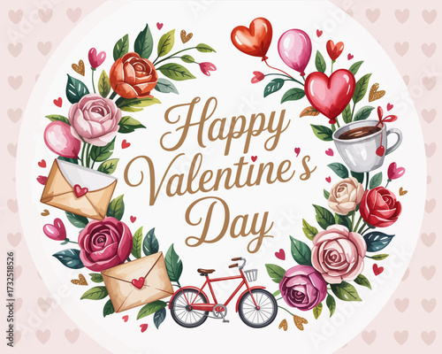A beautiful Valentine's Day wreath adorned with flowers, hearts, letters, and playful elements, perfect for expressing love, affection, and joy on this special day.