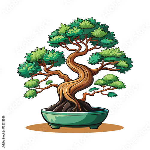 Artistic green bonsai tree in ceramic pot with stylized foliage and twisted trunk