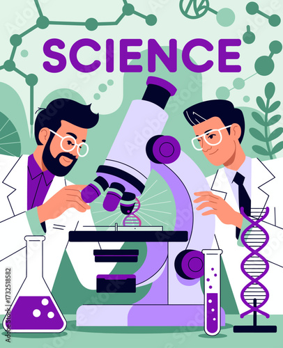Two scientists are examining samples under a microscope, highlighting teamwork in scientific research, with vibrant laboratory equipment enhancing the visual experience of discovery.