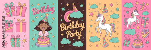 A fun and colorful birthday scene featuring smiling children, a magical unicorn, a delicious cake, and celebratory elements that create a joyful atmosphere for all ages.