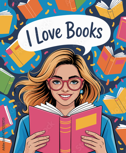 A smiling girl with stylish glasses holds a pink book against a fun backdrop of colorful floating books, representing her vibrant love for literature and reading.
