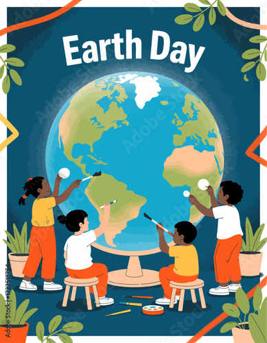In this enchanting illustration, children gathered around a globe are depicted painting, showcasing their creativity and collective efforts celebrating Earth Day and environmental care.
