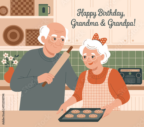 A heartwarming birthday scene featuring an elderly couple joyfully baking cookies together, highlighting love, family bonds, and moments of joy shared in a festive kitchen environment.