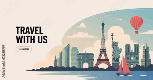 Featuring prominent structures like the Eiffel Tower and the Statue of Liberty, this captivating image illustrates the thrilling essence of traveling between dreamy international destinations.