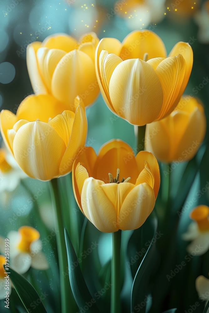 Obraz premium Yellow tulips blooming in a serene garden with sunlight and dewdrops