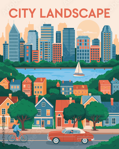 This charming cityscape showcases colorful houses alongside a calm waterway, with a modern skyline in the background, emphasizing the balance between nature and urban life.