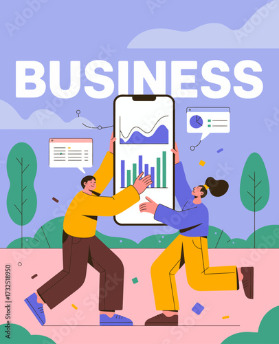A lively illustration showing professionals animatedly collaborating over data insights displayed on a smartphone, capturing the essence of modern business teamwork.