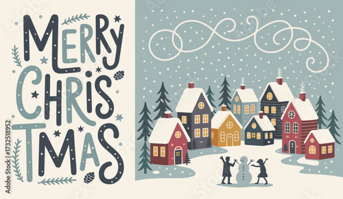 An artistic representation of a joyful Christmas scene depicting families engaged in festive activities amid a snowy landscape of colorful houses and trees.
