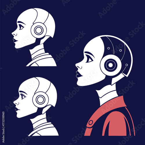 Futuristic cyborg heads in profile, representing artificial intelligence and advanced technology concepts with a modern, clean aesthetic