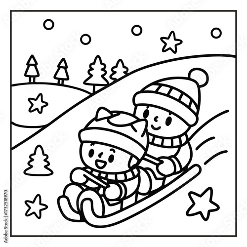 Winter Fun on the Sled: Two cheerful children bundle up in warm winter wear as they sled down a snowy slope, enjoying the frosty landscape. 