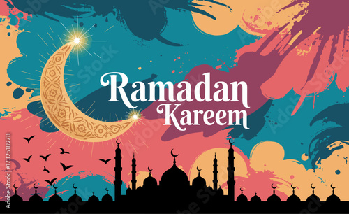 A beautifully crafted image depicting a crescent moon with silhouettes of mosques, capturing the essence of Ramadan through vibrant colors and abstract designs.
