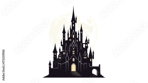 Mysterious Silhouette: A dramatic silhouette of a gothic castle, silhouetted against a full moon, evokes an atmosphere of mystery, fantasy, and timeless elegance.