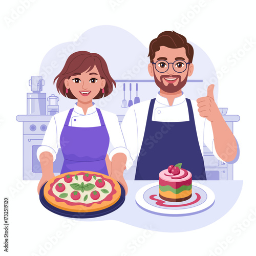 Two cheerful chefs present their delicious pizza and dessert creations, symbolizing culinary expertise and warmth, perfect for food-related marketing or culinary projects.