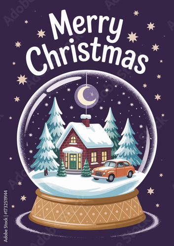 This enchanting snow globe features a quaint house under a moonlit sky with a car, capturing the essence of Christmas spirit and winter magic in a delightful way.