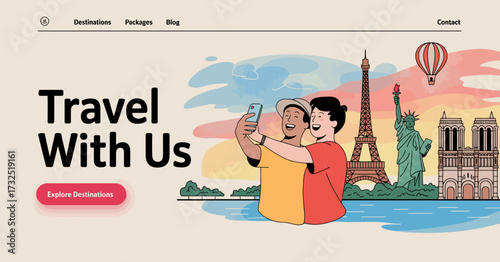 Two friends capture their joyful moment through a selfie in front of famous landmarks, symbolizing friendship, exploration, and shared experiences while traveling.