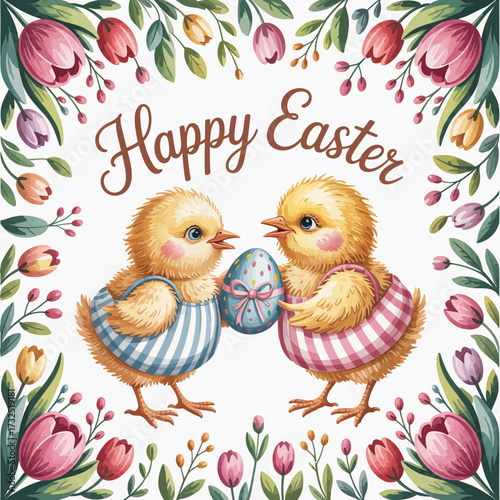 This playful illustration features two loving chicks holding a beautifully decorated Easter egg, framed by a lovely array of flowers celebrating the Easter holiday.