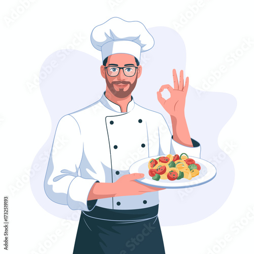 A cheerful chef proudly presents a colorful plate of pasta adorned with fresh vegetables, showcasing culinary skills and a passion for food in a professional kitchen setting.