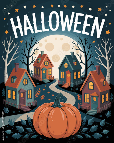 A spooky yet whimsical Halloween night depiction showing colorful houses and a large pumpkin, portraying the magic and excitement surrounding this beloved autumn holiday.