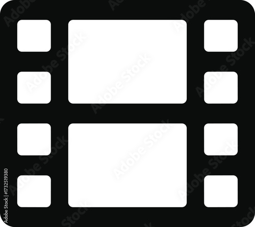 Film strip icon, black and white media symbol, video content graphic, movie frame illustration, digital interface element, editing tool, vector design, cinema concept