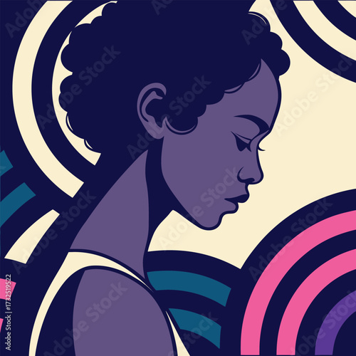 Serene woman's profile with vibrant abstract background, embodying modern elegance and thoughtful contemplation