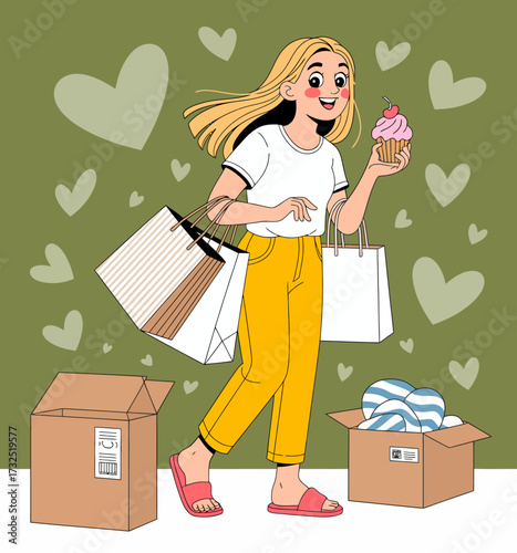 A joyful woman with a cupcake and shopping bags, embodying the fun of shopping, surrounded by hearts, showcasing the joy that comes from retail therapy.