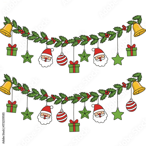 cartoon vector illustration featuring two parallel strands of Christmas garland adorned with classic holiday elements