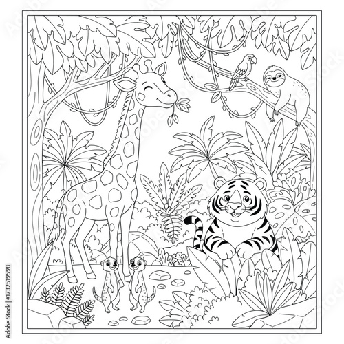Jungle animals coloring page giraffe meerkat tiger sloth and parrot