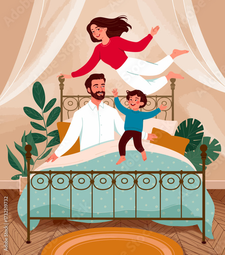 A vibrant scene of a family enjoying playful moments in a bright, cheerful bedroom filled with plants and joyful interactions, representing happiness and love.