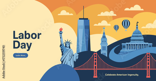 This unique Labor Day design highlights American icons and landmarks, symbolizing unity and the spirit of hard work, suitable for promotional and educational purposes.