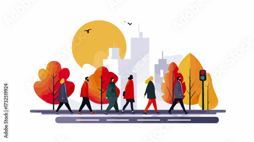 People walking in autumn cityscape
